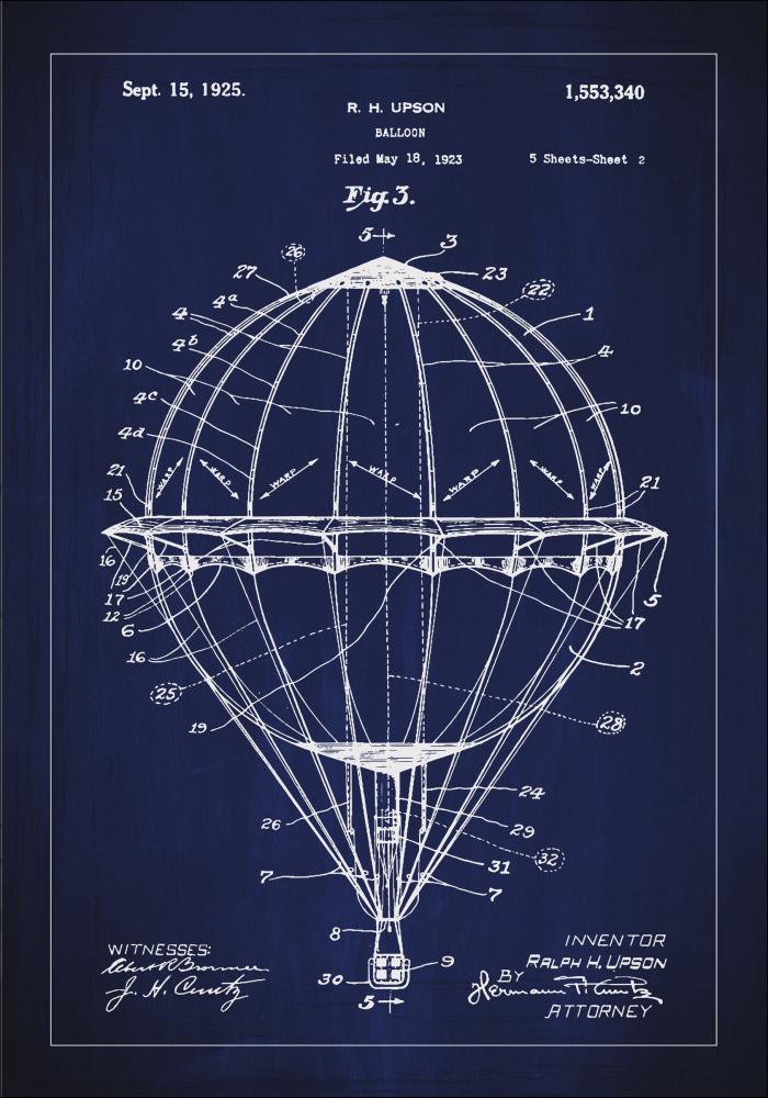 Schiță - Balon cu aer cald - Albastru Poster