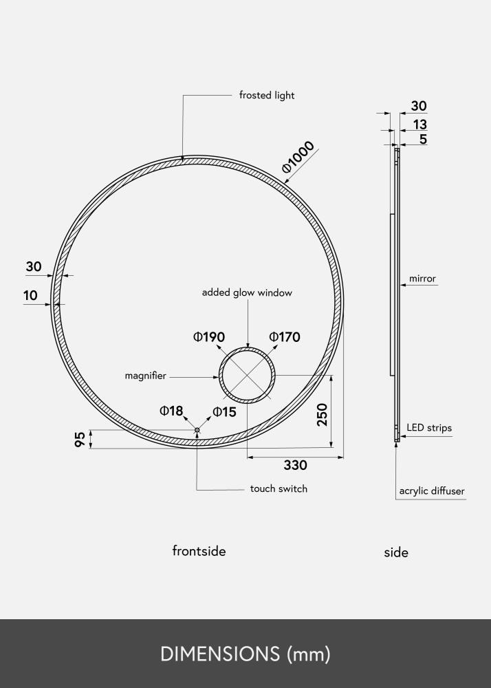 KAILA Oglindă Circular Magnifying LED 100 cm Ø