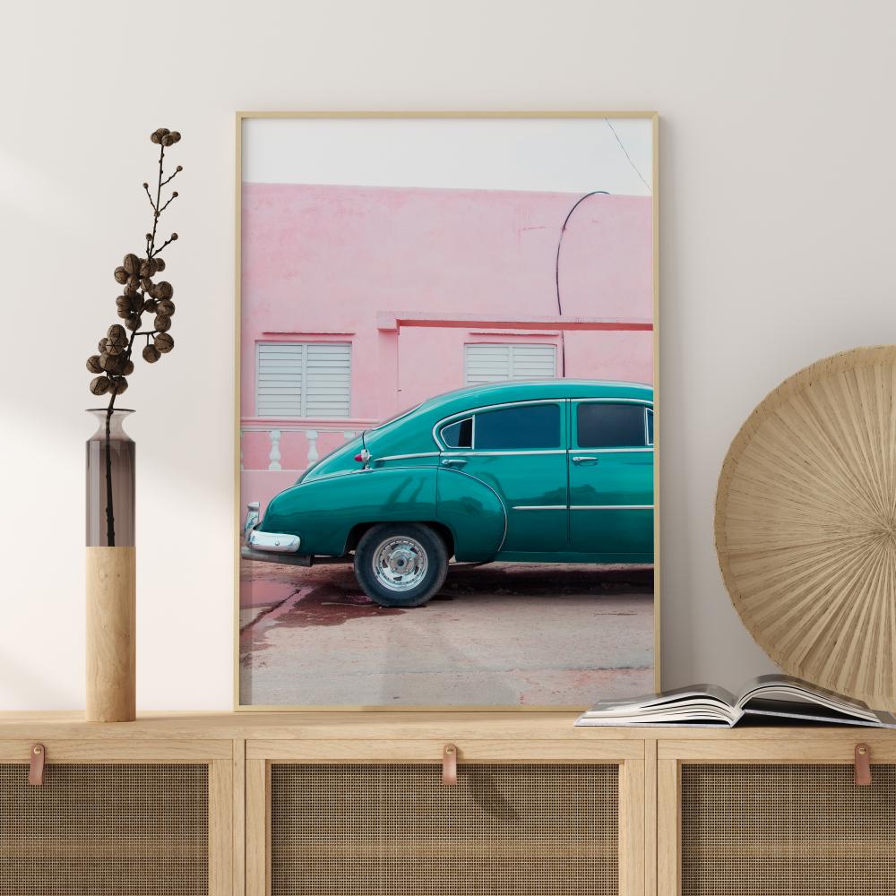 Blue Car At Pink Wall Poster