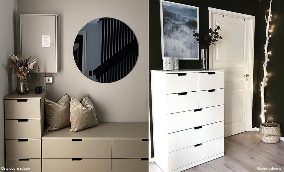 Inredning i hall - sittbänk med förvaring och vit byrå