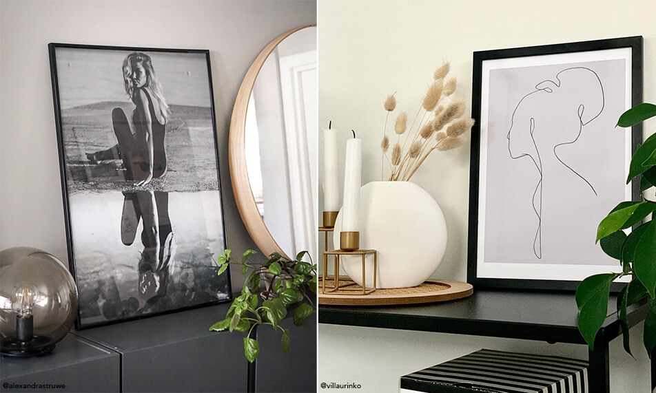 Decor stilat cu rame negre și plante verzi