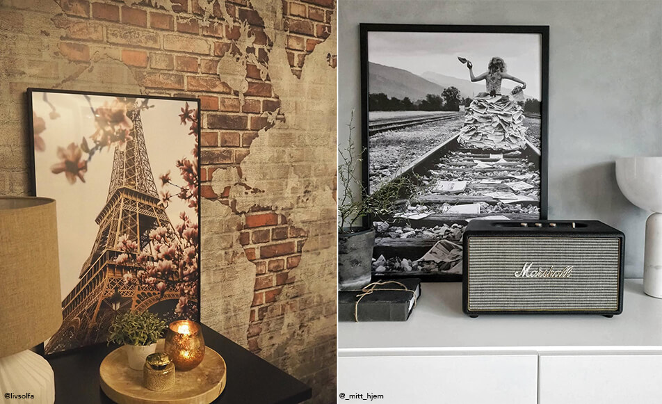 Tablou cu turnul Eiffel sprijinit de perete cu tapet de cărămidă – tablou alb-negru și difuzor