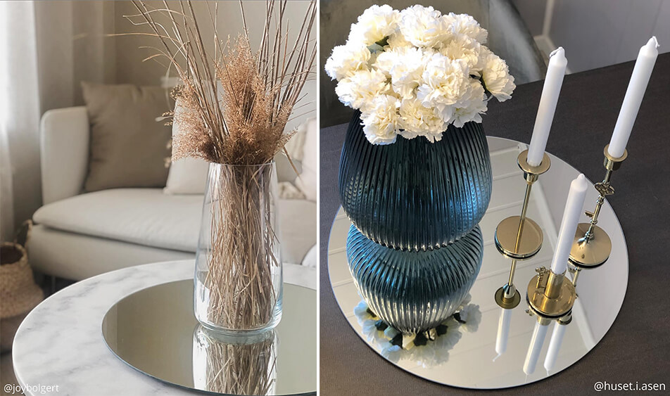 Oglindă rotundă ca tavă pentru lumânări și flori