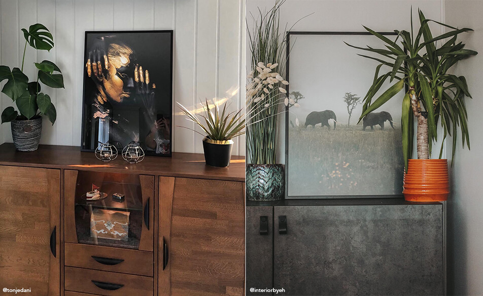 Tablouri și plante așezate pe bufet